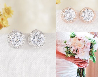 Crystal Bridal Stud Earrings, Round Halo Stud Earrings, Wedding Earrings, Solitaire Earrings, Rose Gold Bridal Jewelry, Bridesmaid, REINA