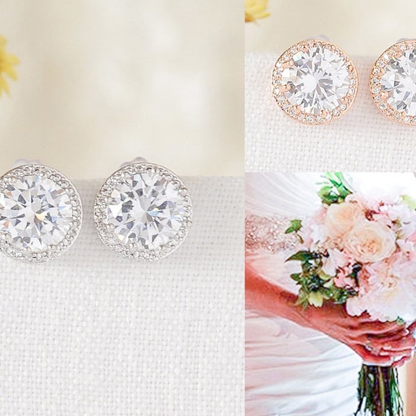 CLIP ON Bridal Earrings, Clip-On Wedding Earrings, Round Halo Crystal Earrings, Rose Gold Bridesmaid Earrings, Wedding Bridal Jewelry, REINA