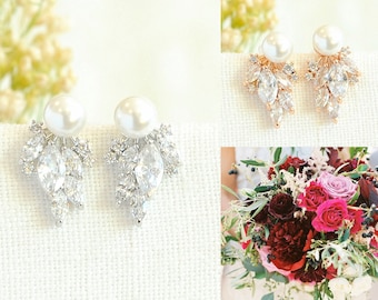 Bridal Stud Earrings, Crystal Wedding Earrings, Leaf Earrings, Bridesmaid Earrings, Bridal Jewelry, Wedding Jewelry, Pearl Earrings, CLARA