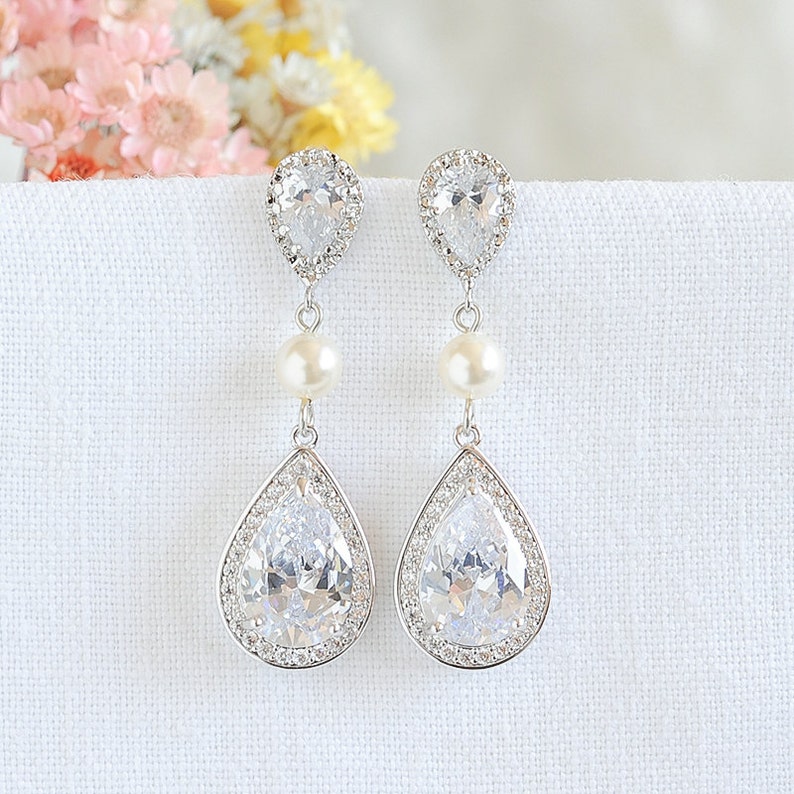 Pearl Bridal Earrings Pink Crystal Wedding Earrings Etsy