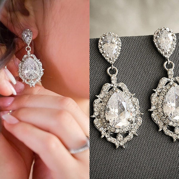 Crystal Bridal Earrings, Rose Gold Dangle Drop Earrings, Old Hollywood Wedding Bridal Jewelry, Art Deco Zirconia Teardrop Earrings, LIBBY