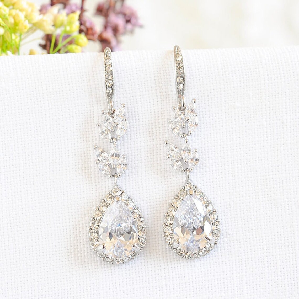 Crystal Bridal Earrings Rose Gold Wedding Earrings Leaf Etsy