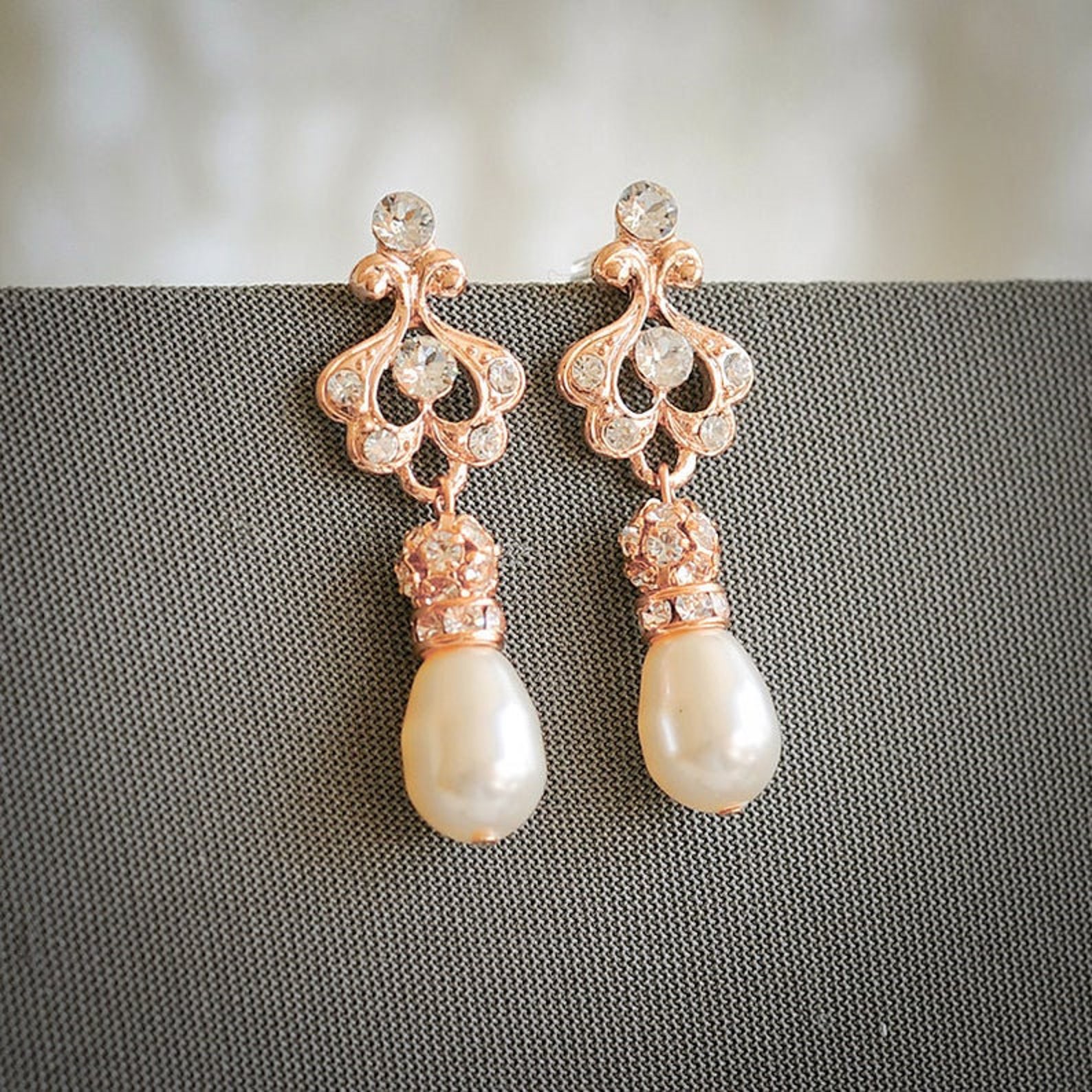 Bridal Earrings Art Deco Wedding Earrings Rose Gold Bridal Etsy