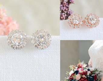 Crystal Bridal Earrings, Round Halo Stud Earrings, Wedding Earrings, Bridesmaid Earrings, Solitaire Earrings, Bridal Wedding Jewelry, GWEN