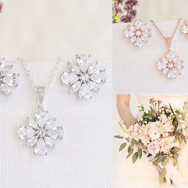 Bridal Necklace SET, Wedding Necklace Earring Set, Crystal Flower Bridal Jewelry Set, Bridal Earrings, Wedding Necklace, Rose Gold, ADELE