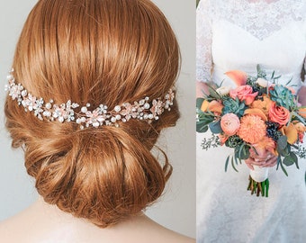 Rose Gold Bridal Hair Vine, Wedding Headband, Pearl Cluster Hair Accessories, Boho Flower Leaf Halo, Bridal Hair Jewelry, Gold, MELISSA
