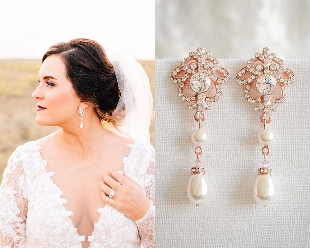 Rose Gold Wedding Earrings Crystal Bridal Earrings Swarovski | Etsy