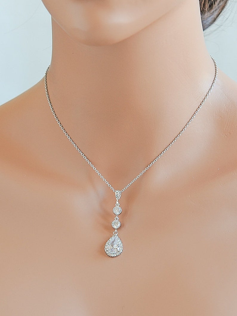 Wedding Necklace, Sterling Silver Bridal Pendant Necklace, Crystal Teardrop Dangle Bridal Necklace, Wedding Bridal Statement Jewelry, HARLEY image 4