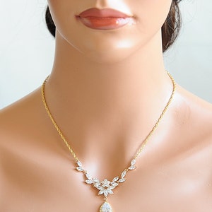 Rose Gold Bridal Jewelry SET, Backdrop Bridal Necklace, Crystal Flower Leaf Necklace, Bridal Earrings, Dangle Earrings, Necklace SET, IRIS image 6