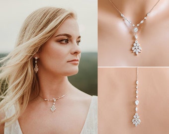 Rose Gold Wedding Necklace, Crystal Backdrop Bridal Necklace, Back Necklace, Back Drop Necklace, Flower Leaf Necklace, Y Necklace, ODETTE