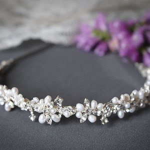 Bridal Headband, Crystal Leaf Vine Wedding Headband, Freshwater Pearl and Rhinestone Bridal Headband,Wedding Bridal Hair Accessories, ELVINA image 1