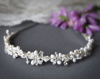 Bridal Headband, Crystal Leaf Vine Wedding Headband, Freshwater Pearl and Rhinestone Bridal Headband,Wedding Bridal Hair Accessories, ELVINA