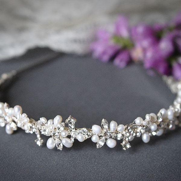 Bridal Headband, Crystal Leaf Vine Wedding Headband, Freshwater Pearl and Rhinestone Bridal Headband,Wedding Bridal Hair Accessories, ELVINA