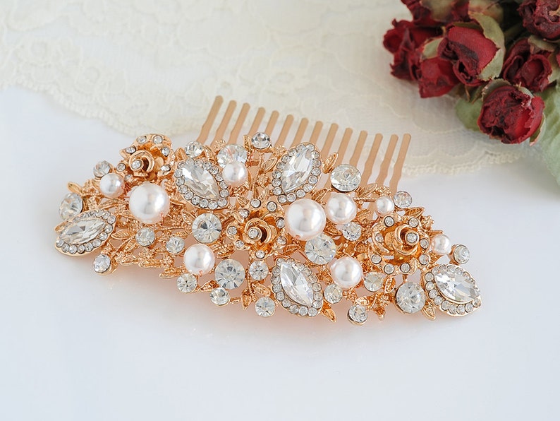 Swarovski Pearl Bridal Hair Comb, Crystal Wedding Hair Comb, Rose Flower Hair Clip, Bridal Hairpiece, Vintage Style Hair Jewelry, ROSA image 5