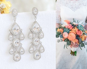 Boucles d’oreilles de mariée, Boucles d’oreilles de mariage en or rose, Boucles d’oreilles de lustre, Boucles d’oreilles en cristal ovale, Boucles d’oreilles lacrymogènes pendantes, Bijoux de mariage, KARINE