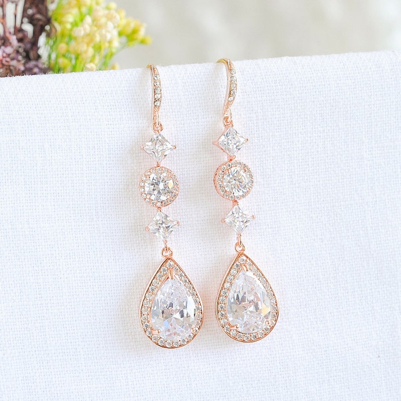 Rose Gold Bridal Earrings Long Wedding Earrings Crystal Halo | Etsy