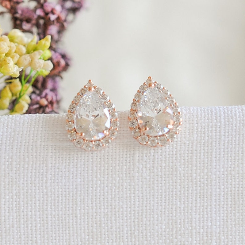 Rose Gold Bridal Earrings Wedding Stud Earrings Crystal Etsy