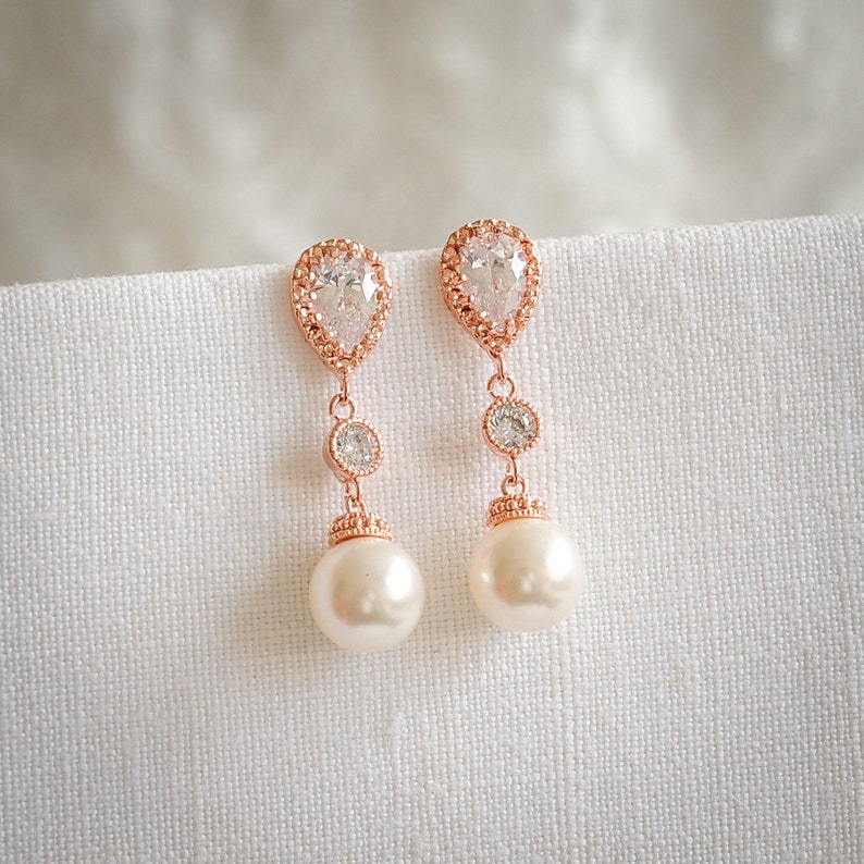 Bridal Earrings, Crystal Wedding Earrings, Swarovski Pearl Drop Bridal Earrings, Dangle Earrings, Teardrop Earrings, Wedding Jewelry, CHERYL image 3