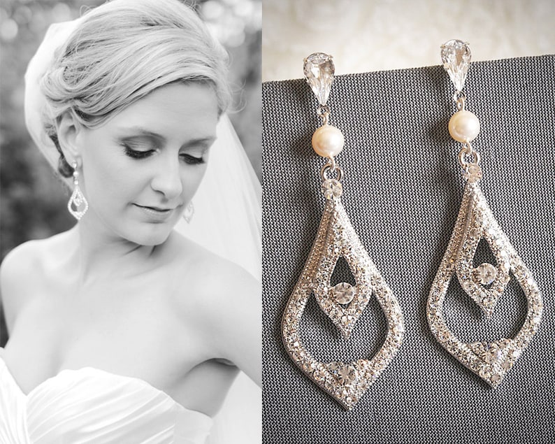 Wedding Earrings, Bridal Earrings, Swarovski Crystal and Pearl Dangle Earrings, Chandelier Earrings, Vintage Style Bridal Jewelry, RABEA image 1