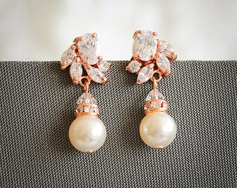 Rose Gold Bridal Earrings, Art Deco Crystal Wedding Earrings, Swarovski Pearl Drop Earring,  Zirconia Earrings, Wedding Jewelry, HONORA