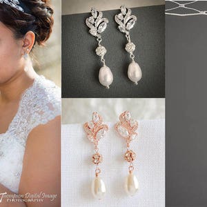 Bridal Earrings, Wedding Earrings, Vintage Style Filigree Leaf Earrings, Swarovski Pearl Drop Dangle Earrings, Wedding Jewelry, BERENICE image 7