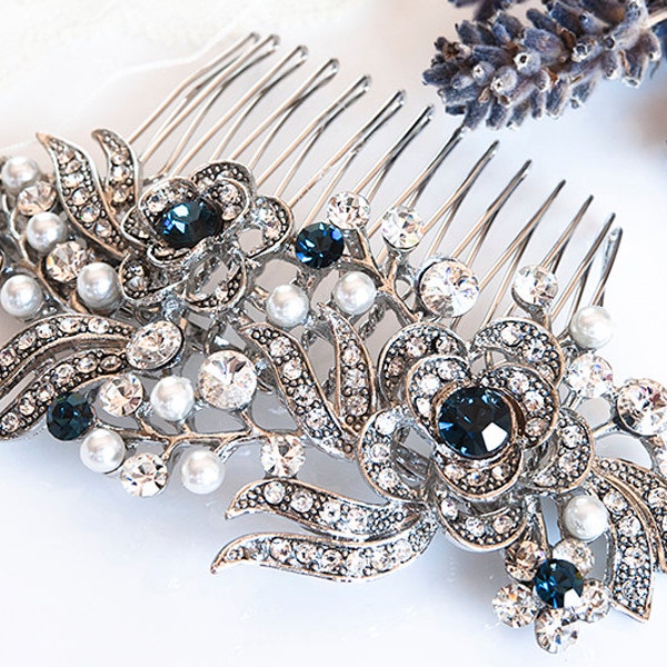 Victorian Style Bridal Hair Accessories, BLUE Swarovski Crystal Wedding Hair Comb, Pearl and Rhinestone Rose Flower Hair Accessories, ROSIE