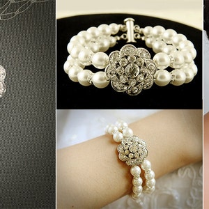 Bridal Bracelet, Swarovski Pearl Wedding Bracelet Cuff, Vintage Style Crystal Rhinestone Flower Statement Bracelet, Wedding Jewelry, EZINA image 4