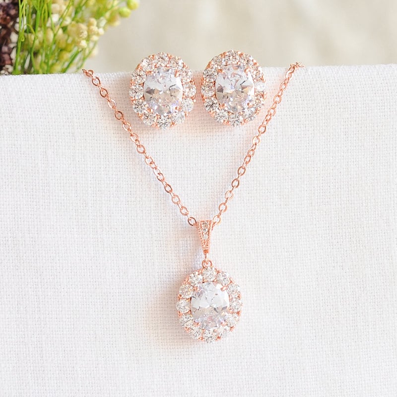 Rose Gold Bridal Jewelry SET Oval Wedding Earrings Halo Stud | Etsy