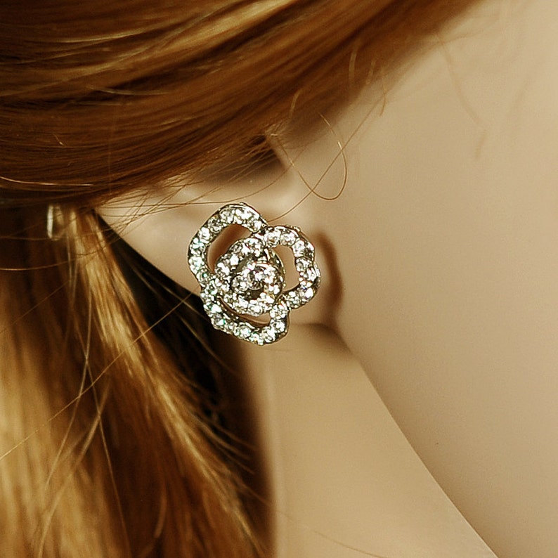 Bridal Stud Earrings Crystal Wedding Earrings Rose Flower Etsy