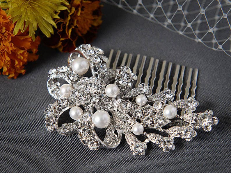 Pearl Bridal Hair Comb, Vintage Style Crystal Wedding Hair Comb, Rose Gold Bow Bridal Hair Comb, Bridal Wedding Hair Accessories, CADENCE zdjęcie 5