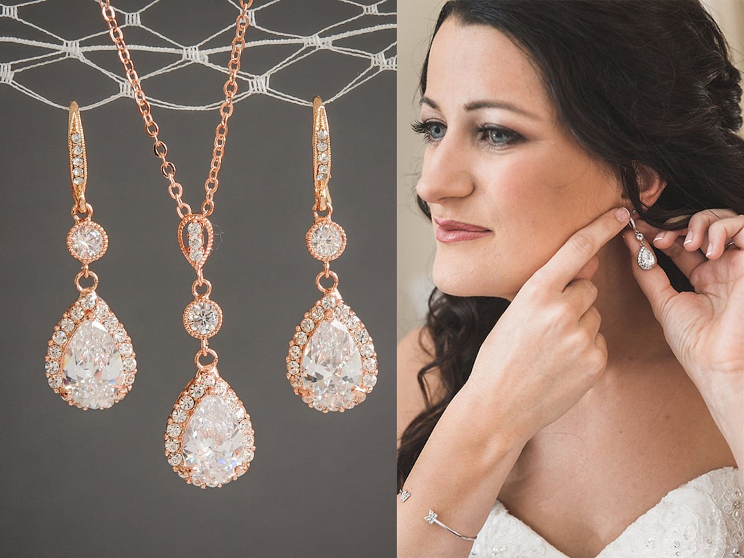 Rose Gold Jewelry SET, Bridal Jewelry Set, Teardrop Dangle Earrings