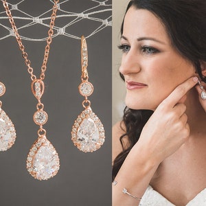 Rose Gold Jewelry SET, Bridal Jewelry Set, Teardrop Dangle Earrings, Sterling Silver Pendant Necklace, Vintage Style Wedding Jewelry,LILIANA