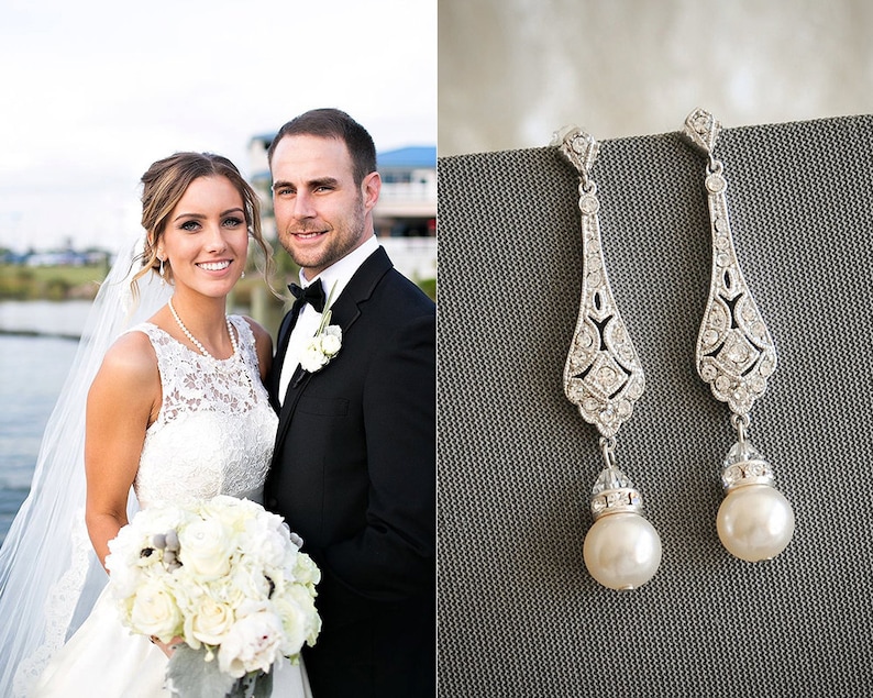 Bridal Earrings, Wedding Earrings, Swarovski Pearl Drop Dangle Earrings, Vintage Style Earrings, Old Hollywood Wedding Jewelry, TRISSIE image 1