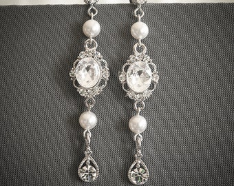 Swarovski Pearl Drop Wedding Earrings, Art Deco Wedding Earrings, Silver Filigree Crystal Chandelier Earrings, Long Dangle Earrings, PRESLEY