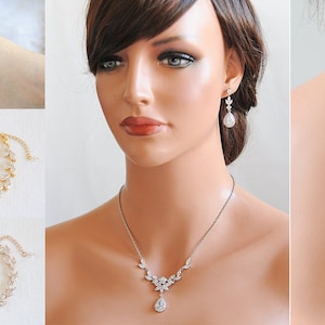 Rose Gold Bridal Jewelry SET, Backdrop Bridal Necklace, Crystal Flower Leaf Necklace, Bridal Earrings, Dangle Earrings, Necklace SET, IRIS image 10