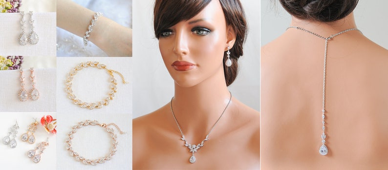Rose Gold Bridal Jewelry SET, Backdrop Bridal Necklace, Crystal Flower Leaf Necklace, Bridal Earrings, Dangle Earrings, Necklace SET, IRIS image 10
