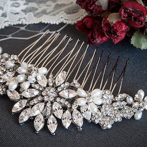 Wedding Crystal Hair Comb, Freshwater Pearl and Rhinestone Bridal Comb, Flower & Leaf Bridal Hair Accessories, Oval Crystal Comb, ALYSON