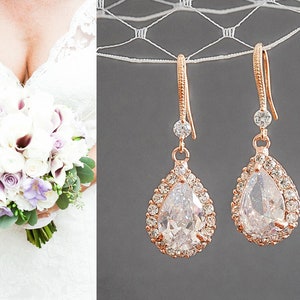 Crystal Bridal Earrings, Rose Gold Wedding Earrings, Teardrop Dangle Earrings, Bridal Earrings, Bridal Jewelry, Bridesmaid Earrings, CELENA