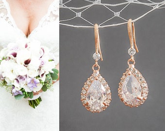 Crystal Bridal Earrings, Rose Gold Wedding Earrings, Teardrop Dangle Earrings, Bridal Earrings, Bridal Jewelry, Bridesmaid Earrings, CELENA