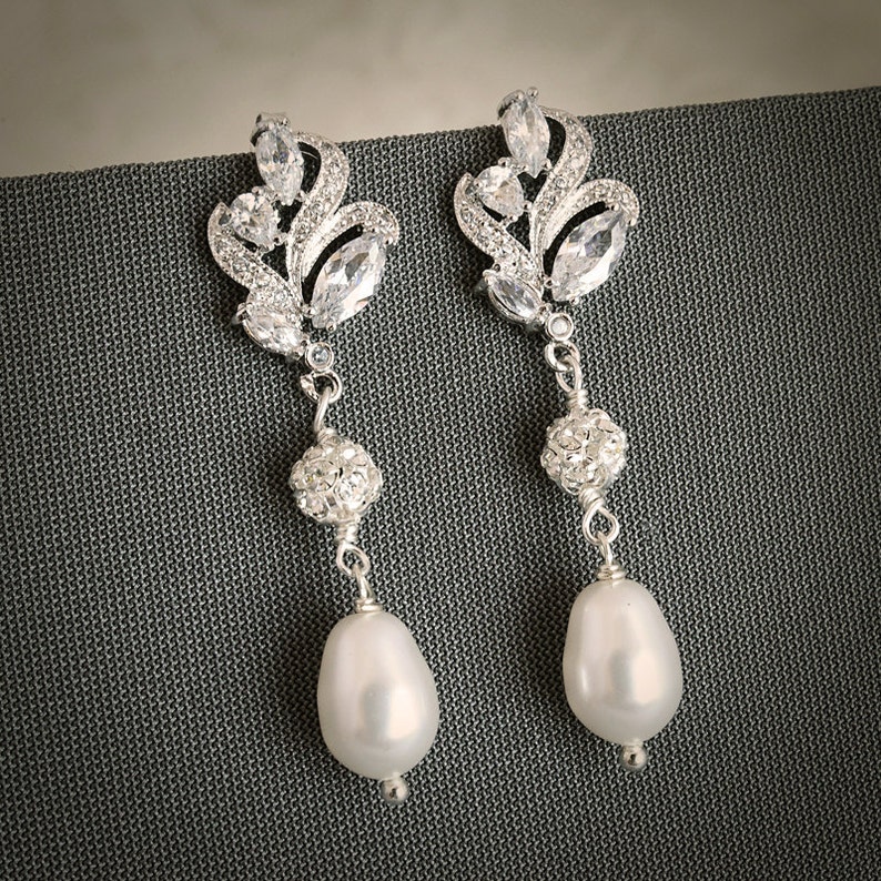 Bridal Earrings, Wedding Earrings, Vintage Style Filigree Leaf Earrings, Swarovski Pearl Drop Dangle Earrings, Wedding Jewelry, BERENICE image 2