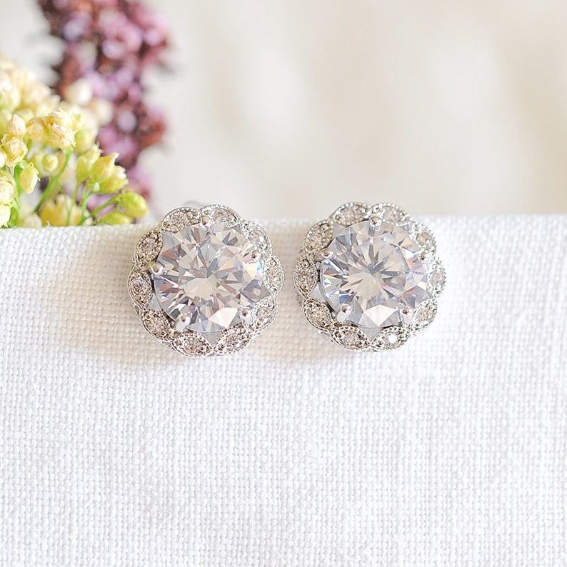 Bridal Stud Earrings Crystal Wedding Earrings Art Deco Style Etsy