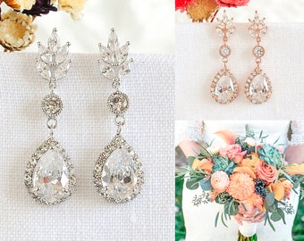 Bridal Earrings, Crystal Earrings, Leaf Earrings, Dangle Drop Earrings, Teardrop Earrings, Rose Gold, Silver, Wedding Bridal Jewelry, EVA