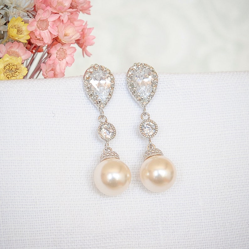 Bridal Earrings, Crystal Wedding Earrings, Swarovski Pearl Drop Bridal Earrings, Dangle Earrings, Teardrop Earrings, Wedding Jewelry, CHERYL image 1