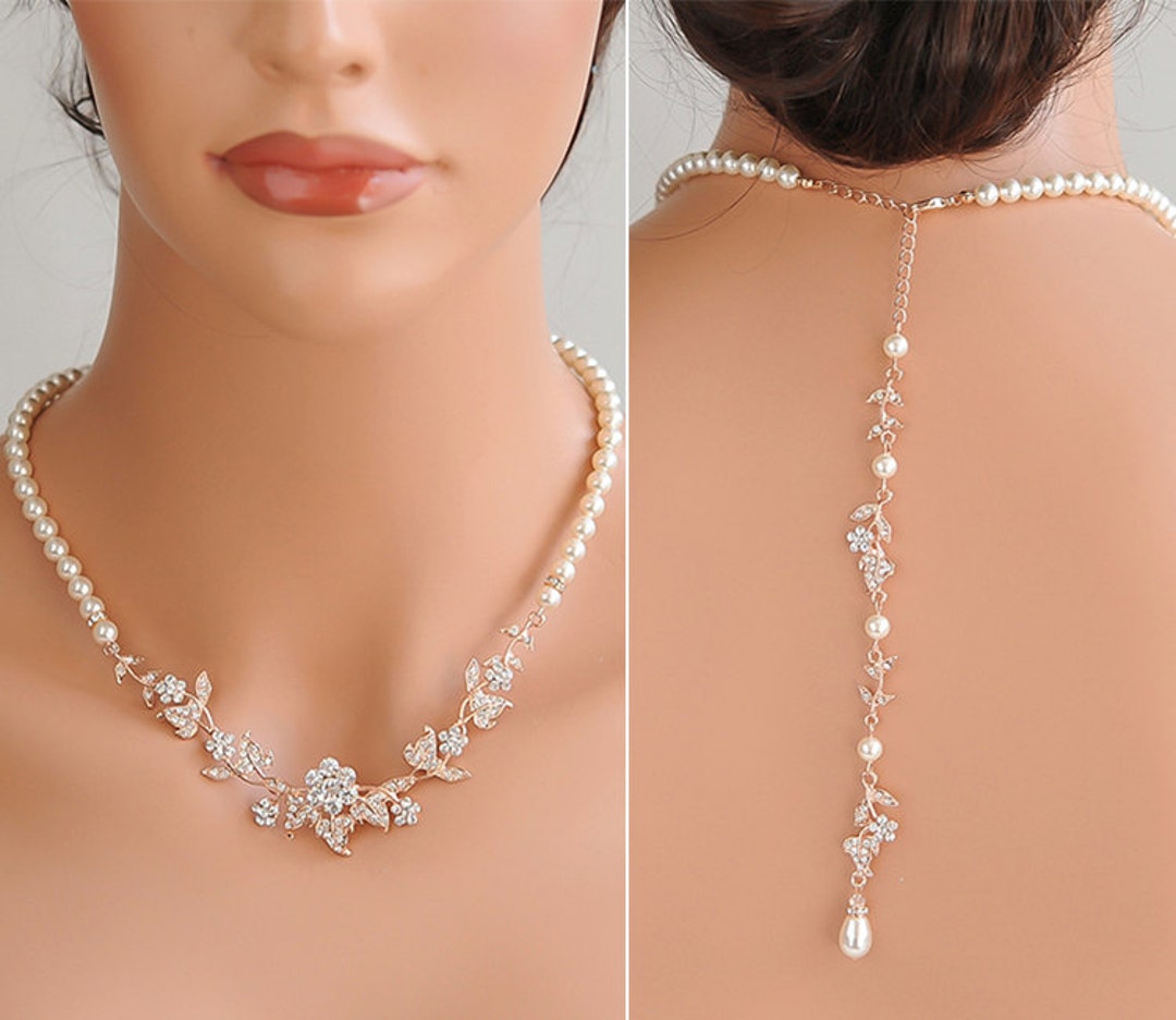 Wedding Necklace Pearl Rose Gold Y Bridal VINE LEAF BACKDROP 