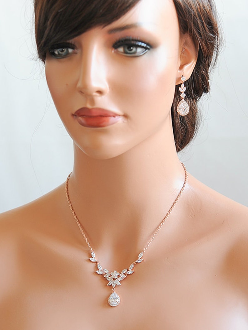 Rose Gold Bridal Jewelry SET, Backdrop Bridal Necklace, Crystal Flower Leaf Necklace, Bridal Earrings, Dangle Earrings, Necklace SET, IRIS image 7