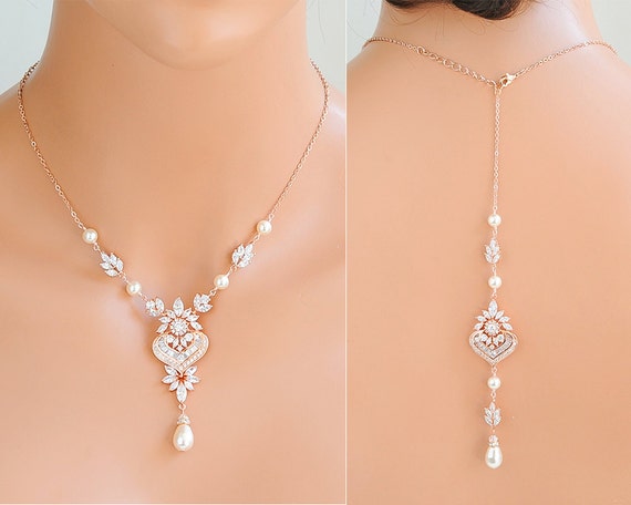 Back Drop Bridal Necklace Rose Gold 