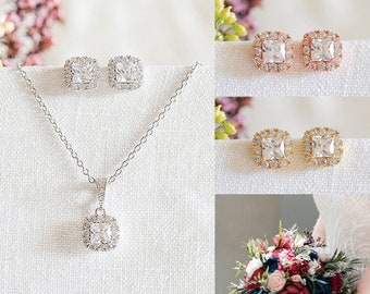 Rose Gold Bridal Jewelry Set, Wedding Necklace Earrings Set, Princess Cut Halo Stud Earrings, Pendant Necklace, Wedding Bridal Jewelry, ZITA