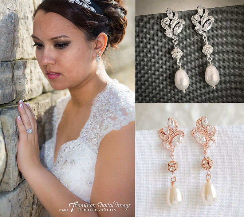 Bridal Earrings, Wedding Earrings, Vintage Style Filigree Leaf Earrings, Swarovski Pearl Drop Dangle Earrings, Wedding Jewelry, BERENICE image 6