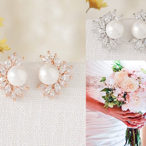 Pearl Cluster Wedding Earrings Bridal Stud Earrings Etsy