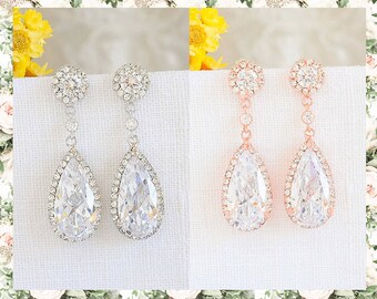 Rose Gold Wedding Earrings, Crystal Bridal Earrings, Round Halo Stud Earrings, Teardrop Dangle Earrings, Vintage Style Bridal Jewelry, SARAH